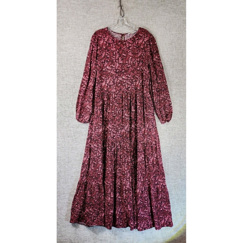 Boden Long Sleeve Tiered Maxi Dress Womens 14 Burgundy Pink Floral